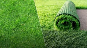 A side-by-side view showing the difference between artificial turf and real grass turf, highlighting texture and colour contrast for the topic artificial turf vs real grass turf.