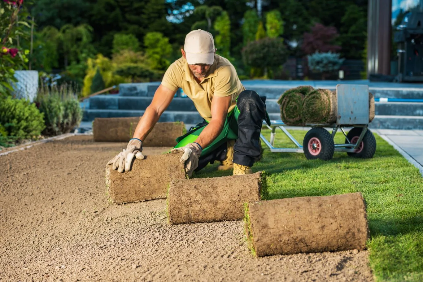 A professional landscaper carefully laying rolled turf during the installation of grass turf, preparing a smooth and even lawn surface in a garden setting.