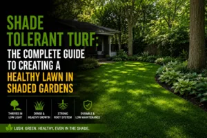 Lush shade tolerant turf growing beneath mature trees in a shaded garden, showcasing dense green grass and healthy coverage in low-light landscape conditions.