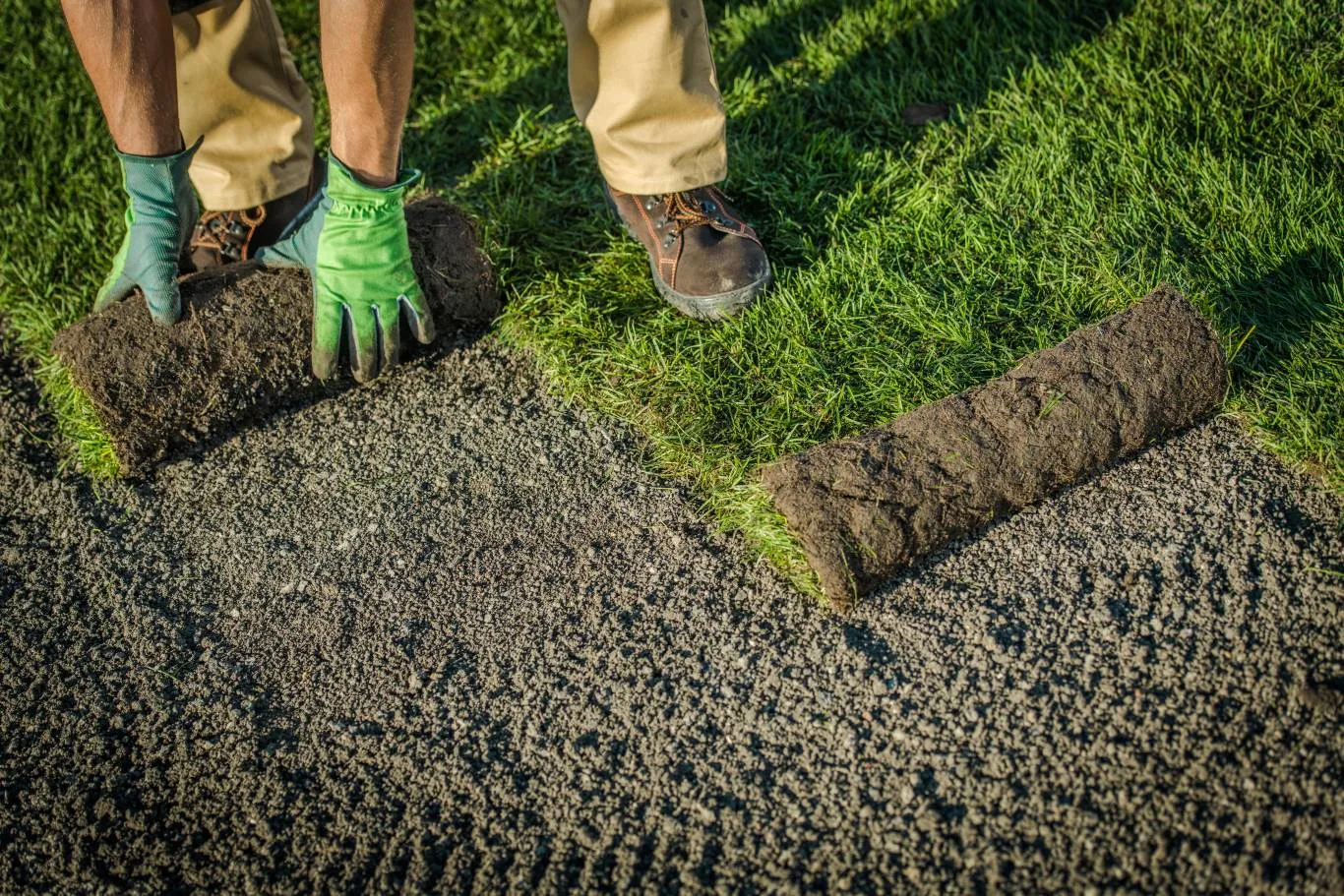 Worker wearing gloves unrolling a strip of grass onto prepared soil, demonstrating how to lay lawn turf in a garden area.