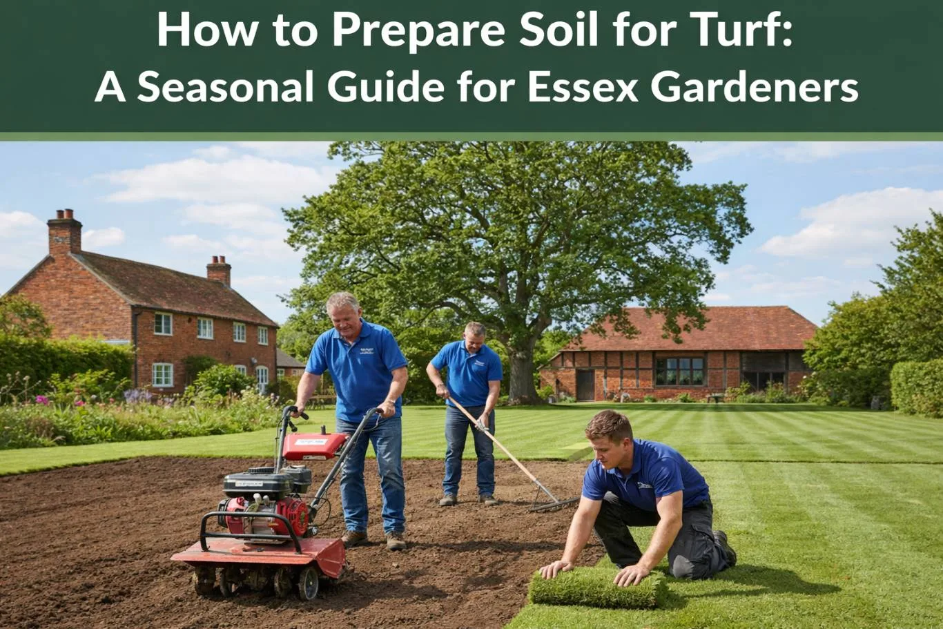 A team of professional landscapers demonstrating how to prepare soil for turf by using a mechanical rotovator, raking the ground level, and carefully laying fresh rolls of natural grass in a residential Essex garden.