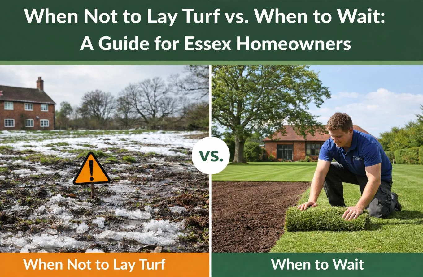 A comparison of environmental conditions showing when not to lay turf due to frozen, waterlogged ground versus an ideal scenario where a professional installer is laying fresh natural grass on properly prepared soil.