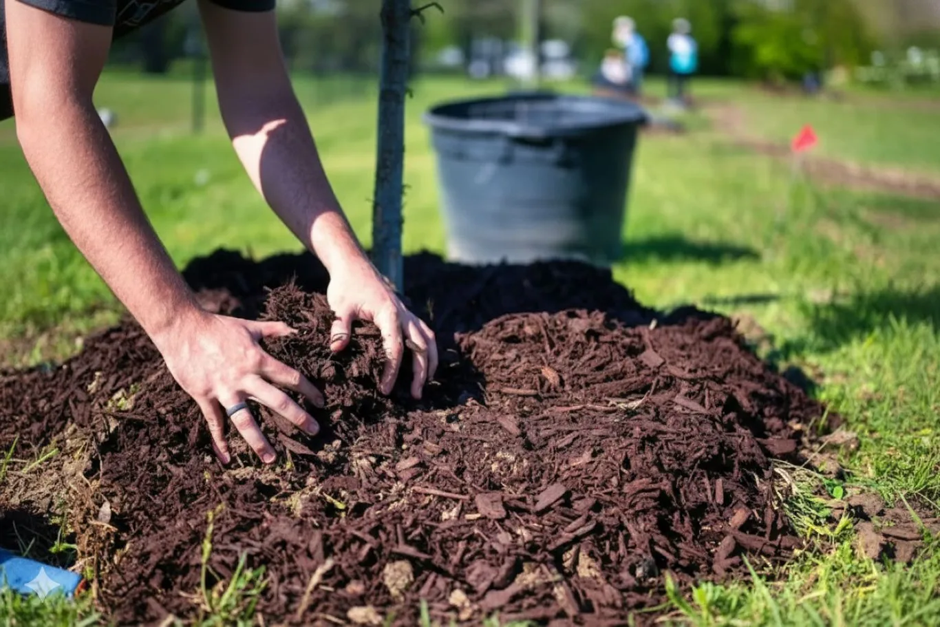 Gardener spreading wood chippings for the garden around a young tree to improve soil health and retain moisture.