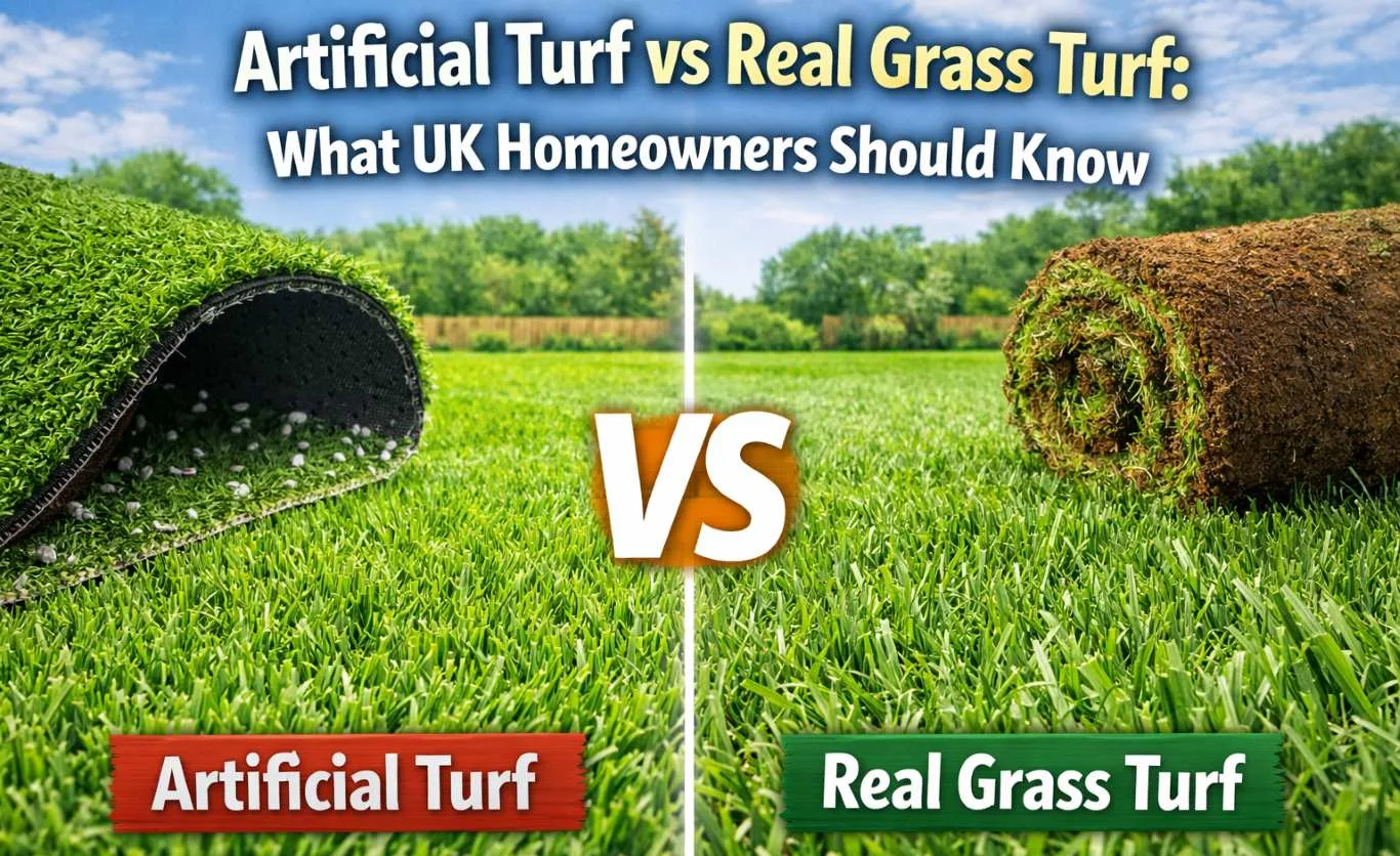A high-quality, realistic side-by-side comparison of artificial turf vs real grass turf, showing the lush, textured blades and natural soil of a living lawn compared to the uniform, synthetic surface of a plastic alternative.