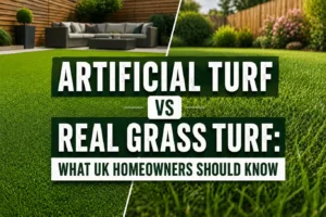 Artificial turf vs real grass turf comparison in a UK-style garden, showing artificial lawn and natural grass side by side.