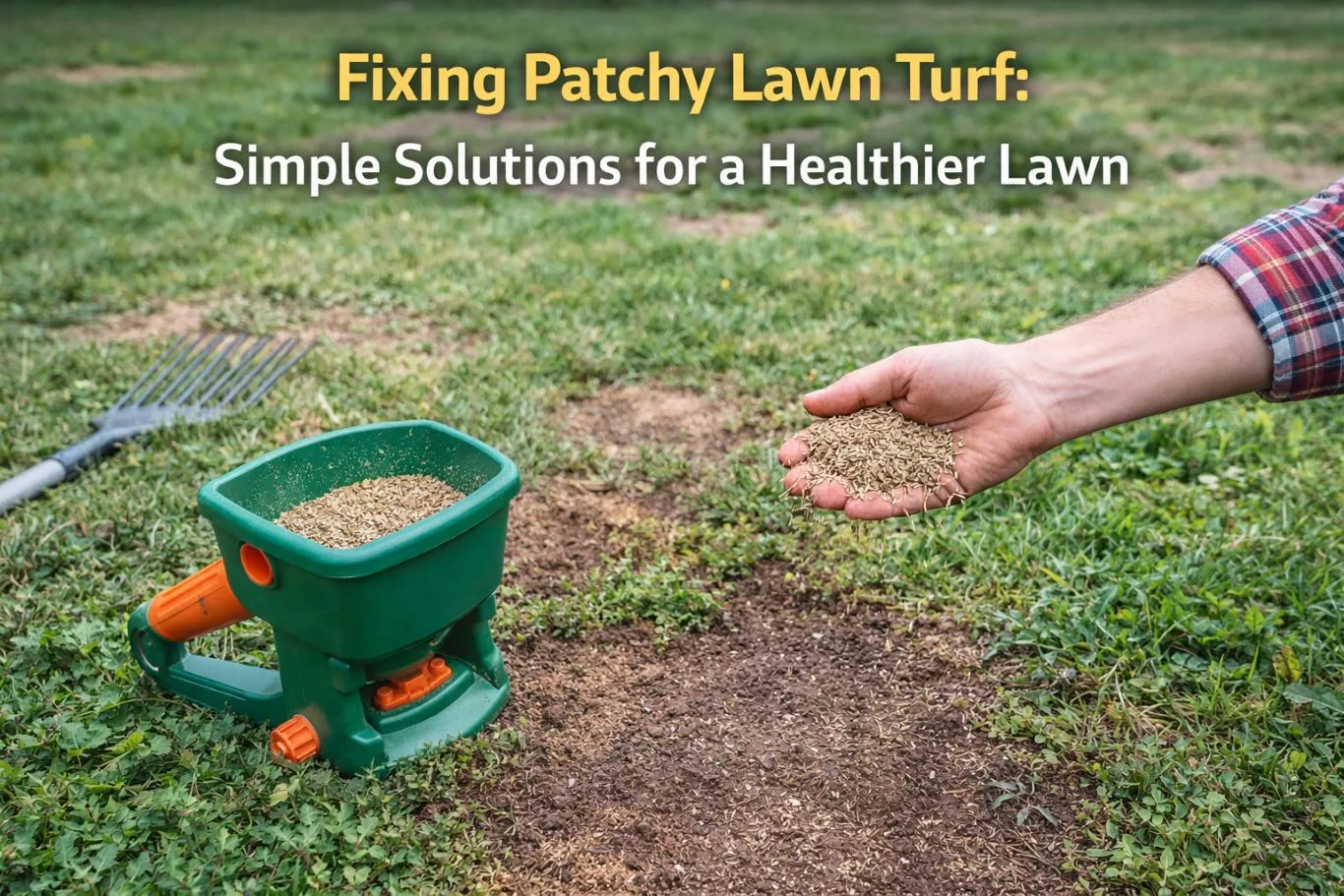 A professional featured image showcasing the process of fixing patchy lawn turf, featuring a person's hand scattering grass seed over a prepared bare soil patch alongside a green manual seed spreader and garden rake for a healthier lawn restoration.
