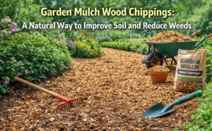 An eye-catching featured image for a guide on garden mulch wood chippings, showing a beautifully mulched garden path with a wheelbarrow, rake, and a bag of organic wood mulch to illustrate a natural way to improve soil and reduce weeds.
