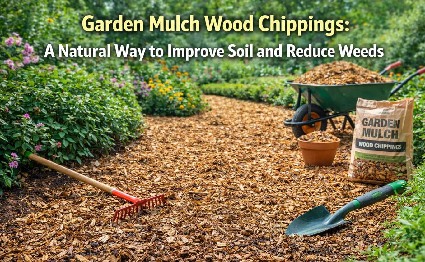 An eye-catching featured image for a guide on garden mulch wood chippings, showing a beautifully mulched garden path with a wheelbarrow, rake, and a bag of organic wood mulch to illustrate a natural way to improve soil and reduce weeds.