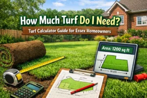 An overhead view of a residential garden being measured with a tape measure to determine how much turf do I need for a new lawn installation, ensuring accurate area calculation and a professional finish.