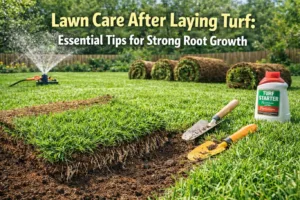 A close-up, high-quality shot of a garden sprinkler hydrating a vibrant green garden, illustrating essential lawn care after laying turf to ensure deep root establishment and a healthy, thriving landscape.