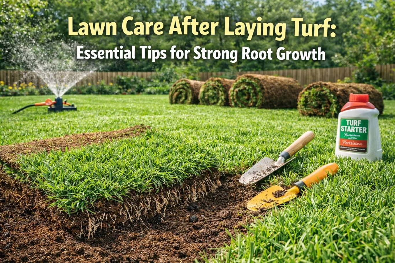 A close-up, high-quality shot of a garden sprinkler hydrating a vibrant green garden, illustrating essential lawn care after laying turf to ensure deep root establishment and a healthy, thriving landscape.