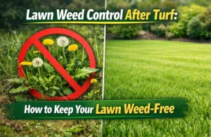 A high-quality side-by-side comparison illustrating effective lawn weed control after turf installation, featuring a left panel with dandelions marked by a red "prohibited" symbol and a right panel showing a perfectly maintained, weed-free natural grass lawn.