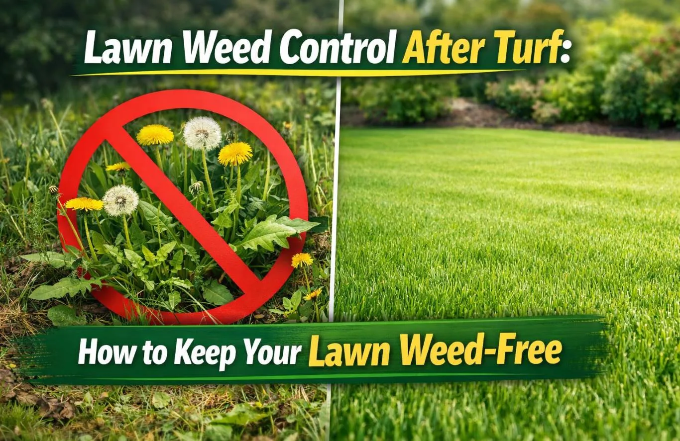 A high-quality side-by-side comparison illustrating effective lawn weed control after turf installation, featuring a left panel with dandelions marked by a red "prohibited" symbol and a right panel showing a perfectly maintained, weed-free natural grass lawn.