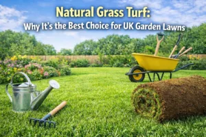 A vibrant featured image illustrating natural grass turf being the best choice for UK garden lawns. The scene showcases a lush garden in full bloom, with a freshly mowed grass area and essential gardening tools like a watering can, a small rake, and a wheelbarrow filled with tools. A prominent roll of thriving natural grass turf sits ready in the foreground. The text title 'Natural Grass Turf: Why It's the Best Choice for UK Garden Lawns' is clearly displayed against the bright sky.