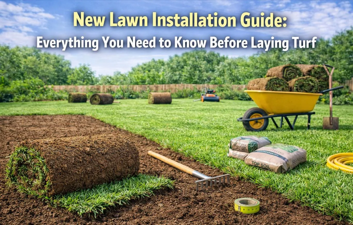A detailed featured image for a new lawn installation guide, showcasing a professional landscaper laying fresh turf on prepared soil alongside gardening tools like a rake, measuring tape, and topsoil bags to ensure a perfect finish.