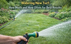 A detailed featured image for a guide on watering new turf, showing a person using a handheld garden hose alongside an active sprinkler to provide a thorough soak to a freshly laid lawn for optimal root establishment.