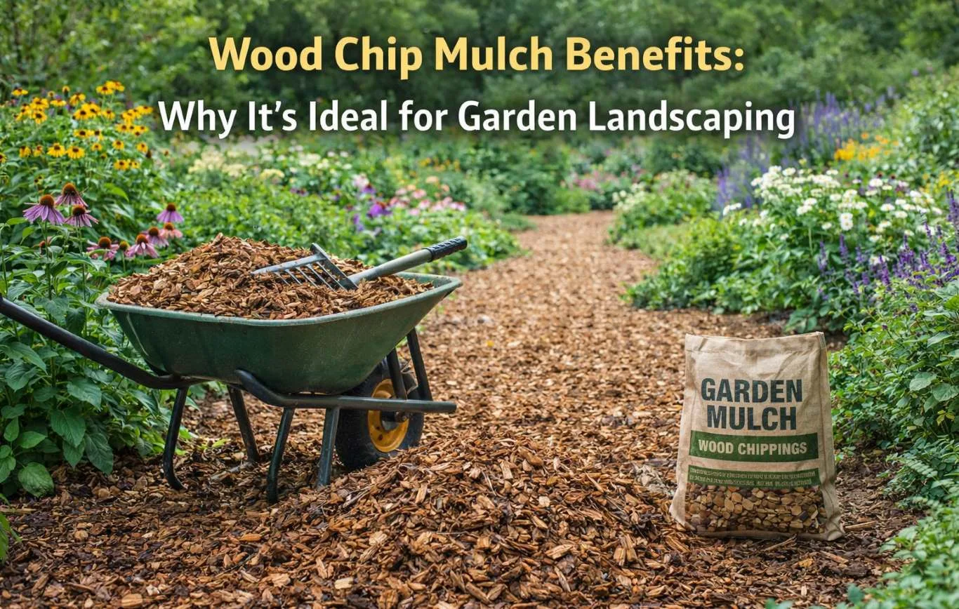 A professional featured image highlighting wood chip mulch benefits for garden landscaping, showcasing a green wheelbarrow filled with organic wood chippings and a large bag of garden mulch on a neatly mulched path surrounded by vibrant summer flowers.