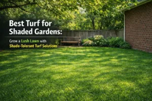 Best turf for shaded gardens showing a lush green lawn thriving under tree cover in a backyard, ideal for low sunlight areas with healthy, dense grass growth