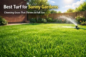 Best turf for sunny gardens featuring a lush green lawn thriving in full sunlight with sprinkler watering, ideal for durable, heat-tolerant grass growth