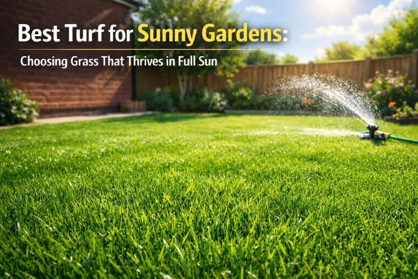 Best turf for sunny gardens featuring a lush green lawn thriving in full sunlight with sprinkler watering, ideal for durable, heat-tolerant grass growth