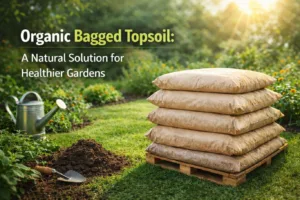 Organic bagged topsoil stacked on a pallet in a lush garden setting with watering can and soil tools, ideal for improving soil quality and healthy plant growth