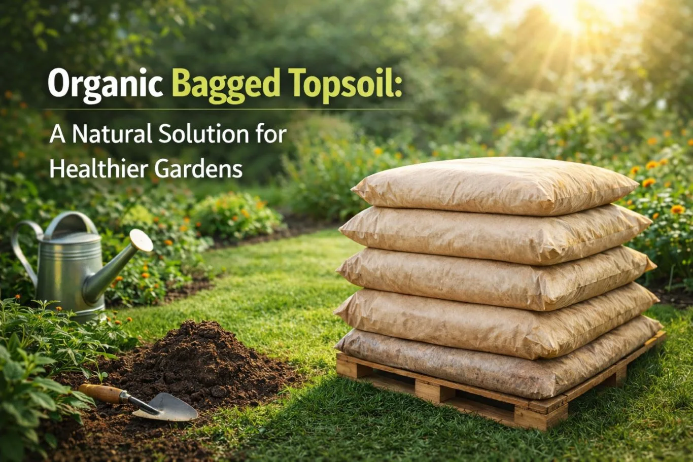 Organic bagged topsoil stacked on a pallet in a lush garden setting with watering can and soil tools, ideal for improving soil quality and healthy plant growth
