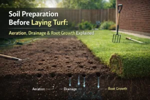 Soil preparation before laying turf showing aerated and levelled soil with visible drainage and root growth layers, alongside rolled turf and garden tools ready for lawn installation