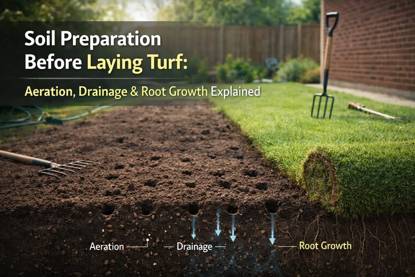 Soil preparation before laying turf showing aerated and levelled soil with visible drainage and root growth layers, alongside rolled turf and garden tools ready for lawn installation