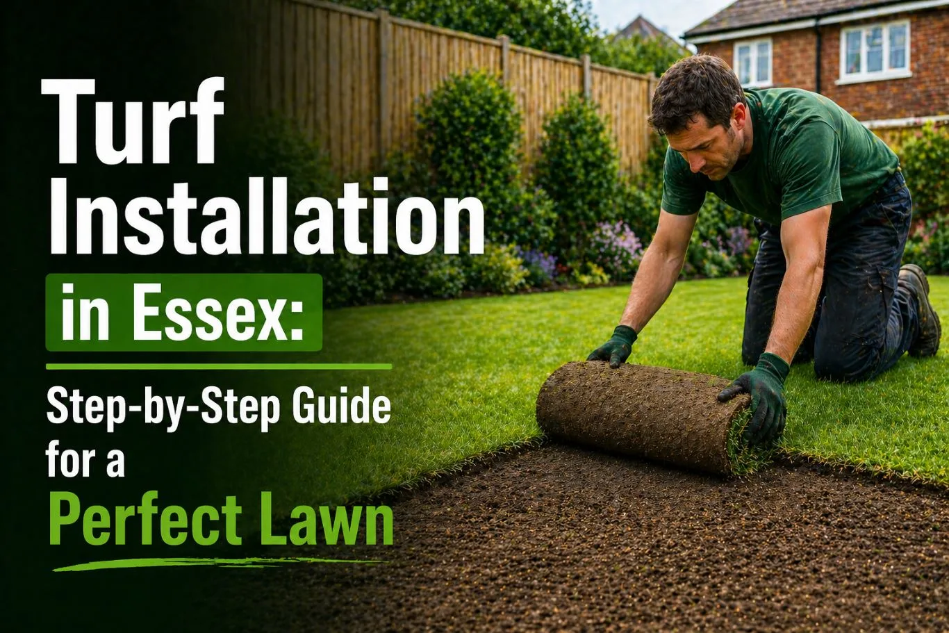 Turf installation showing a gardener laying fresh rolls of grass onto prepared soil in a residential garden, creating a smooth, healthy lawn for a perfect finish