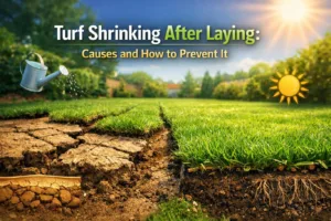 Turf shrinking after laying showing gaps and dry soil beside healthy grass, illustrating causes and prevention with proper watering and sunlight exposure