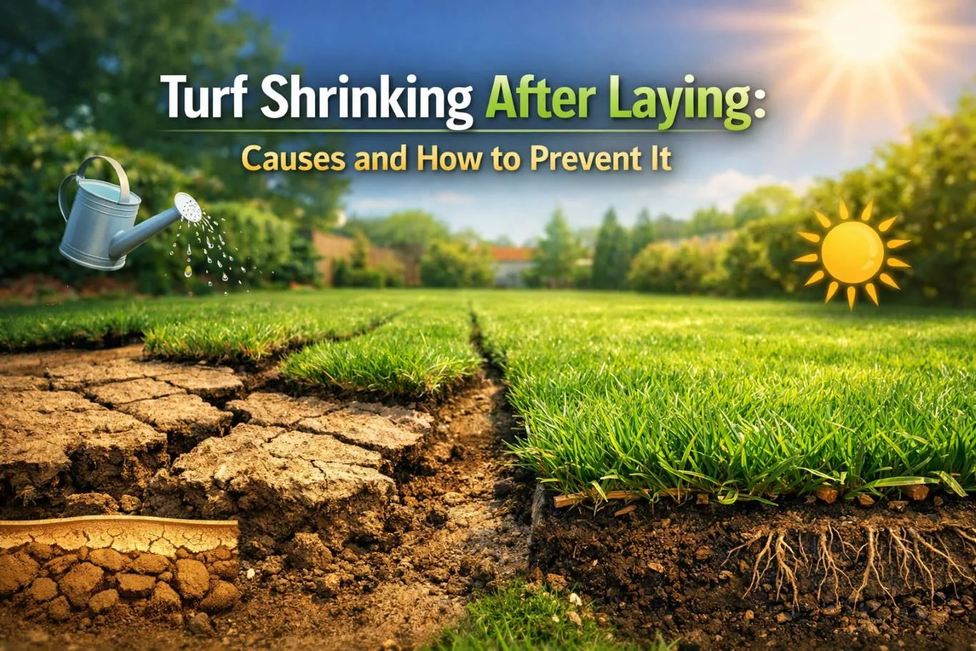 Turf shrinking after laying showing gaps and dry soil beside healthy grass, illustrating causes and prevention with proper watering and sunlight exposure
