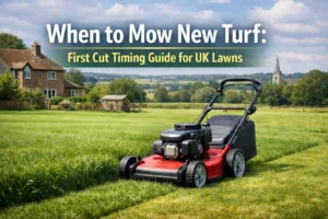 When to mow new turf illustrated by a lawn mower cutting a freshly established grass lawn in a UK countryside garden, showing ideal first cut timing and healthy growth