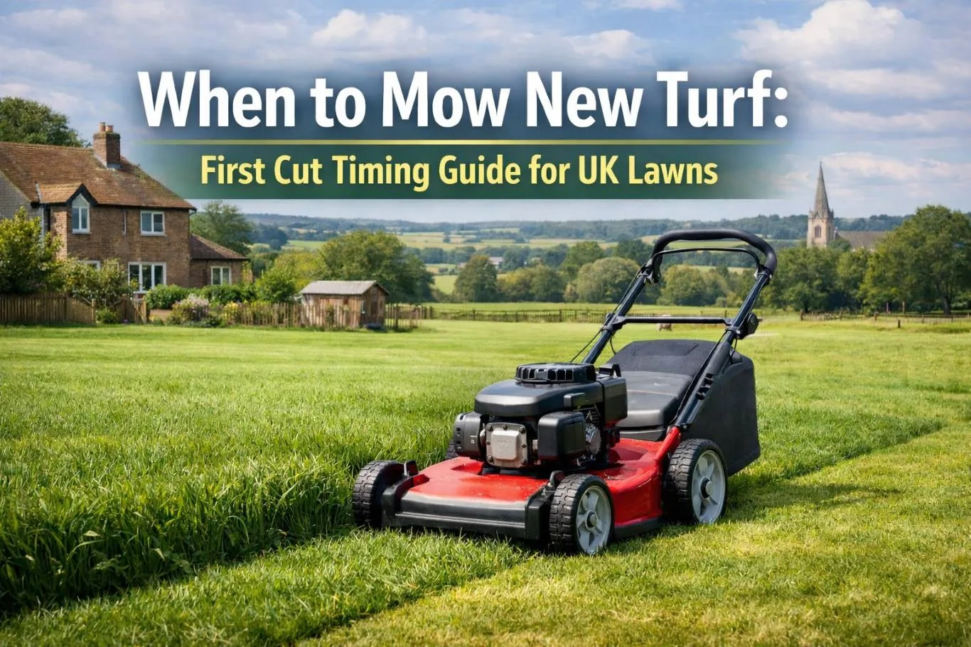 When to mow new turf illustrated by a lawn mower cutting a freshly established grass lawn in a UK countryside garden, showing ideal first cut timing and healthy growth