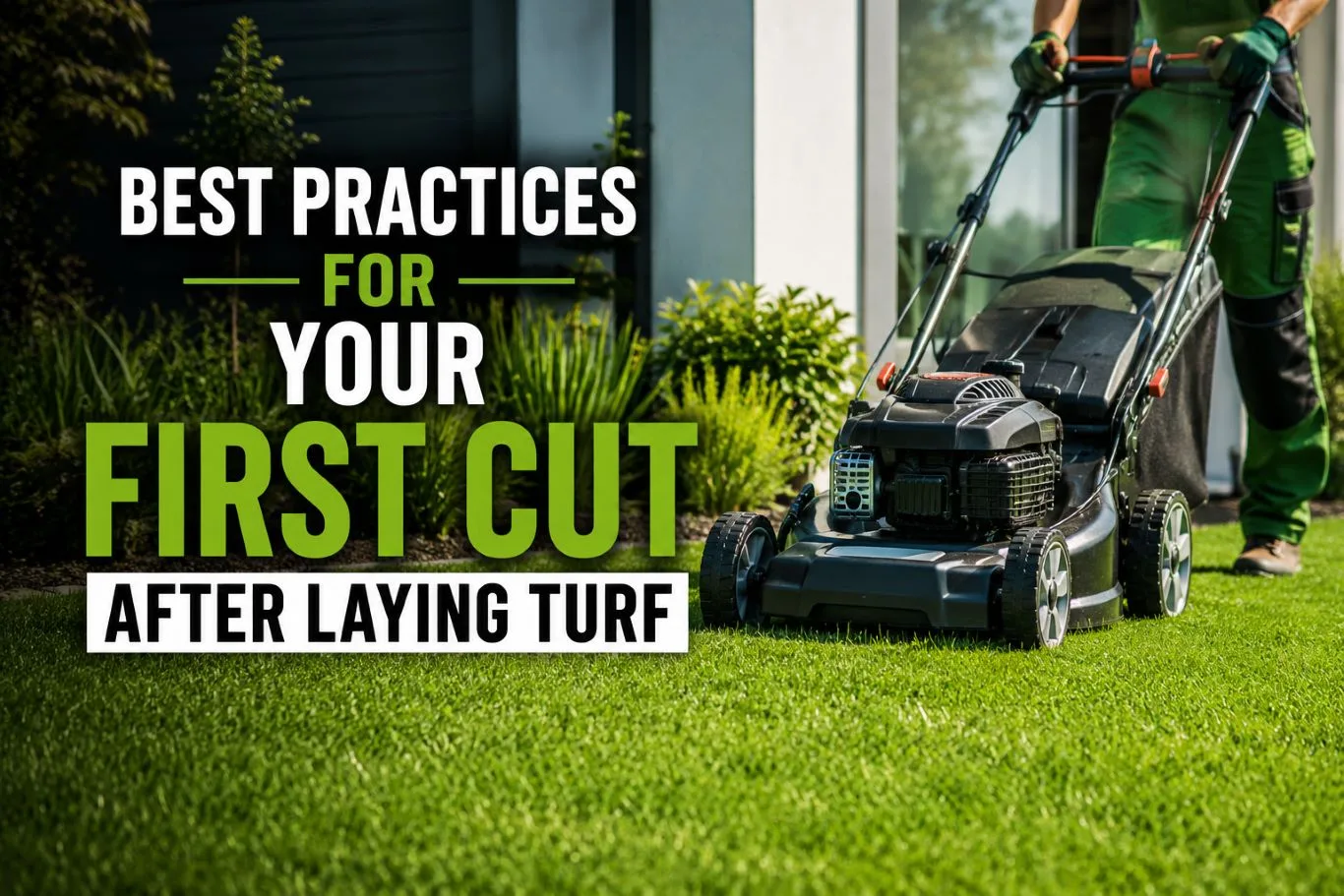 First cut after laying turf with a lawn mower trimming a healthy new grass lawn outside a modern home, demonstrating proper turf maintenance and early lawn care practices