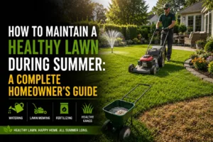 Professional lawn care expert mowing and watering a lush green residential garden to maintain a healthy lawn during summer with proper lawn maintenance and fertilizing practices.