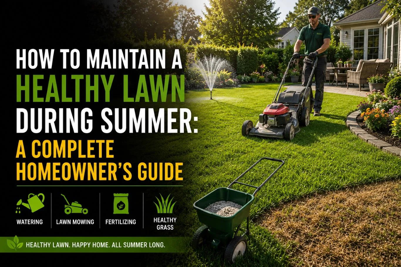 Professional lawn care expert mowing and watering a lush green residential garden to maintain a healthy lawn during summer with proper lawn maintenance and fertilizing practices.