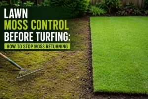 Lawn moss control before turfing with a garden rake removing moss from prepared soil beside freshly laid green turf, showing effective lawn preparation to prevent moss regrowth