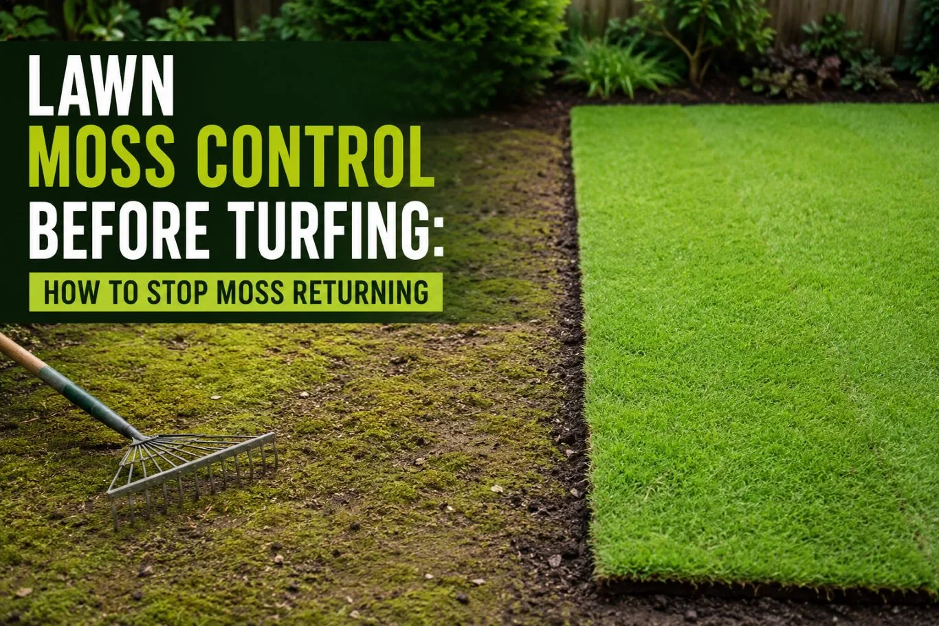 Lawn moss control before turfing with a garden rake removing moss from prepared soil beside freshly laid green turf, showing effective lawn preparation to prevent moss regrowth