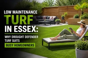 Low maintenance turf in a modern Essex garden with a lush green lawn, wooden fencing, and a homeowner relaxing on a sun lounger, highlighting an easy-care outdoor space for busy homeowners