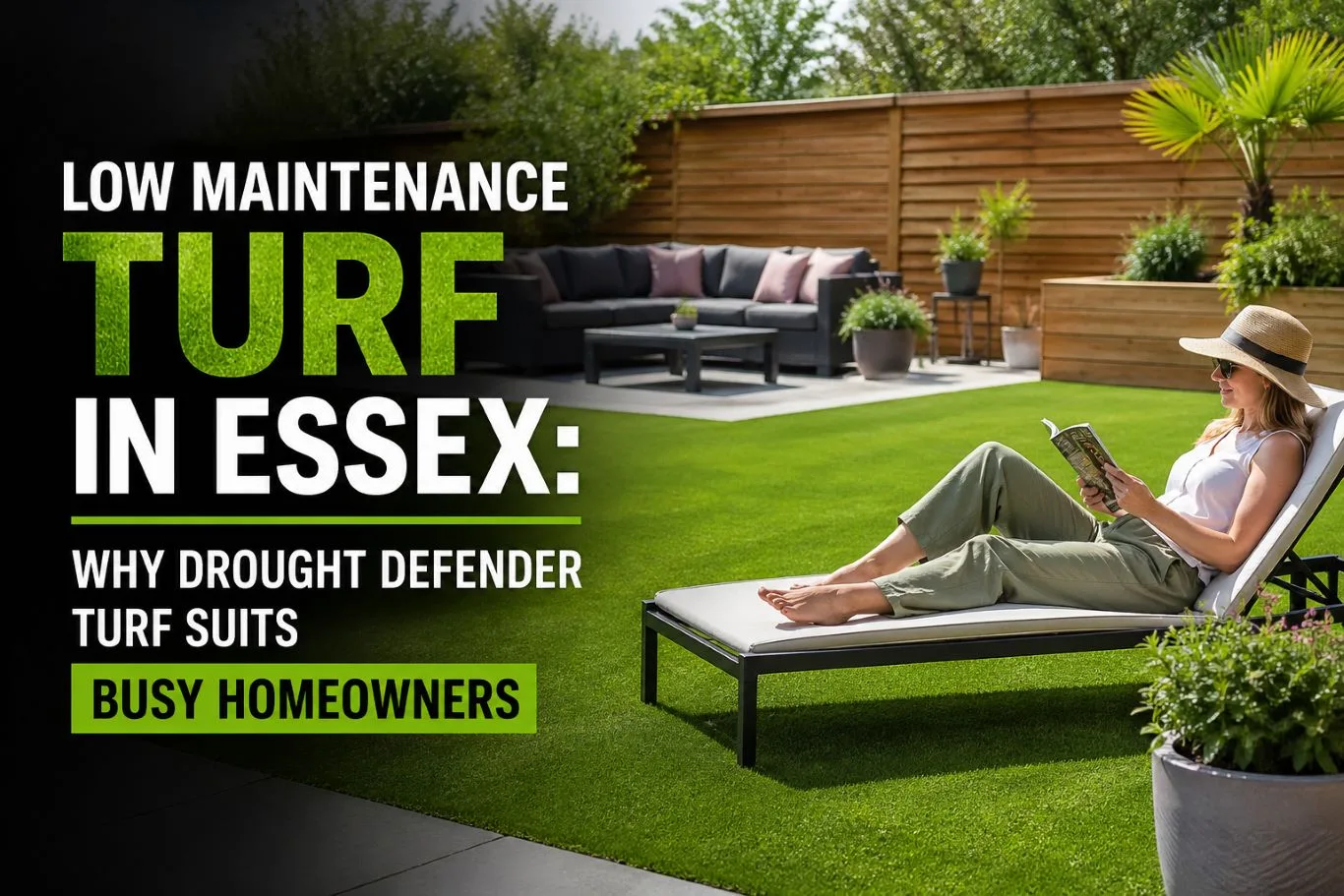Low maintenance turf in a modern Essex garden with a lush green lawn, wooden fencing, and a homeowner relaxing on a sun lounger, highlighting an easy-care outdoor space for busy homeowners