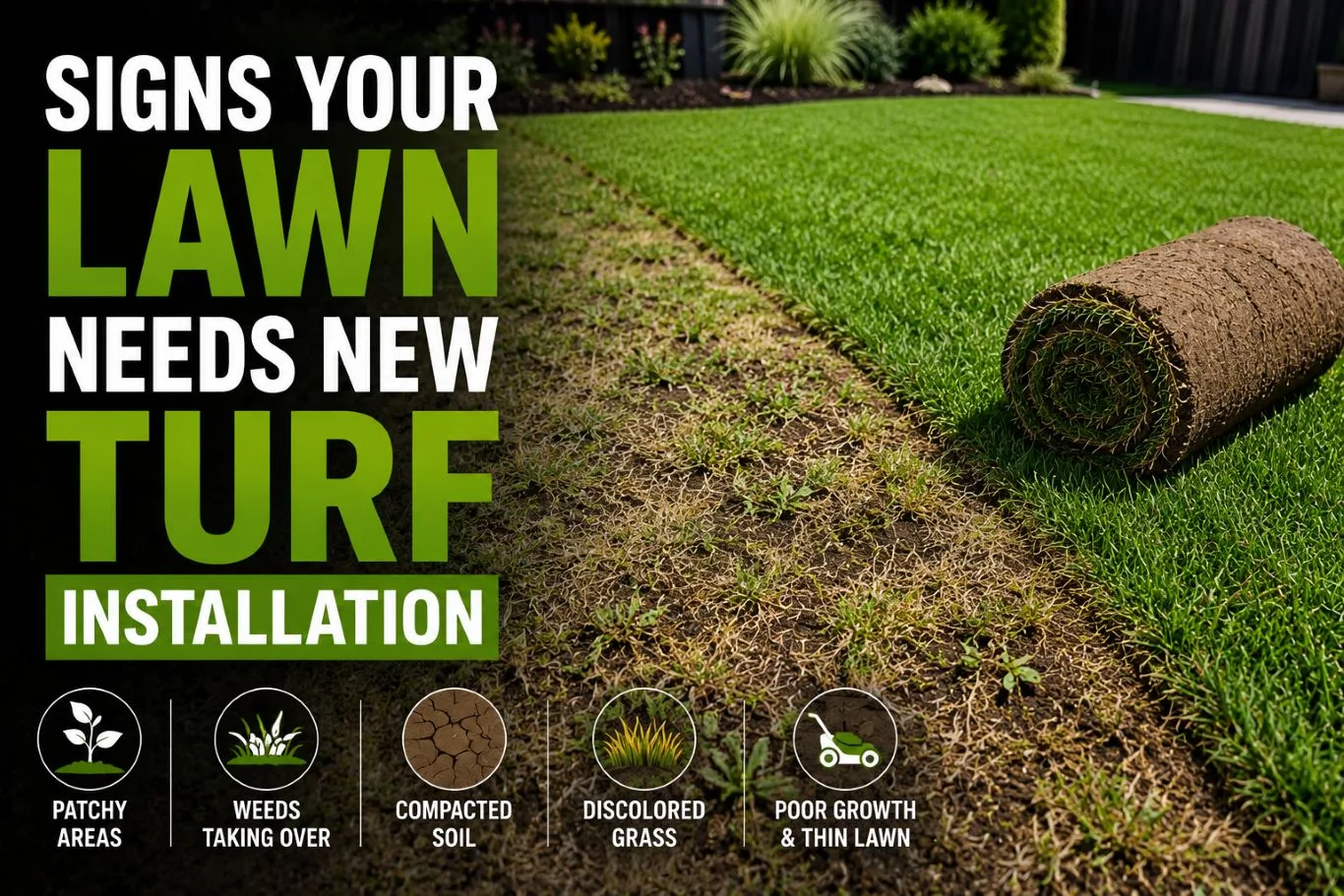 New turf installation showing fresh rolled turf being laid beside a damaged patchy lawn with dry grass and weeds, highlighting common signs that a garden lawn needs professional turf replacement and restoration