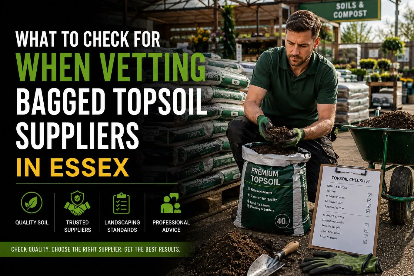 Bagged topsoil suppliers in Essex displaying premium screened topsoil bags at a landscaping supply yard, with a professional inspecting soil quality for lawn preparation, planting, and garden landscaping projects