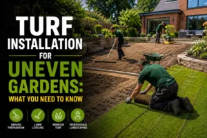 Turf installation for uneven gardens with professional landscapers levelling soil, preparing the ground, and laying fresh premium turf on a sloped residential lawn to create a smooth, healthy outdoor space