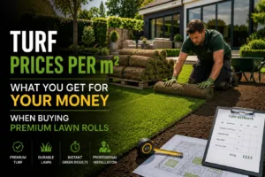 Turf prices per m2 illustrated by a professional landscaper installing premium lawn rolls in a modern garden, showing turf preparation, installation, and the value of high-quality natural grass for residential landscaping projects