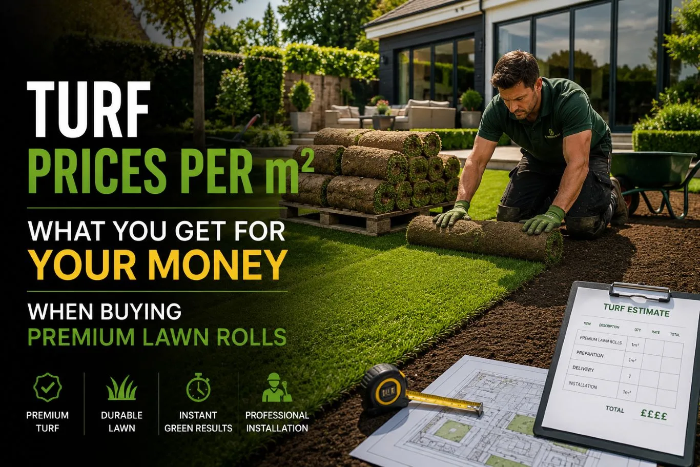 Turf prices per m2 illustrated by a professional landscaper installing premium lawn rolls in a modern garden, showing turf preparation, installation, and the value of high-quality natural grass for residential landscaping projects