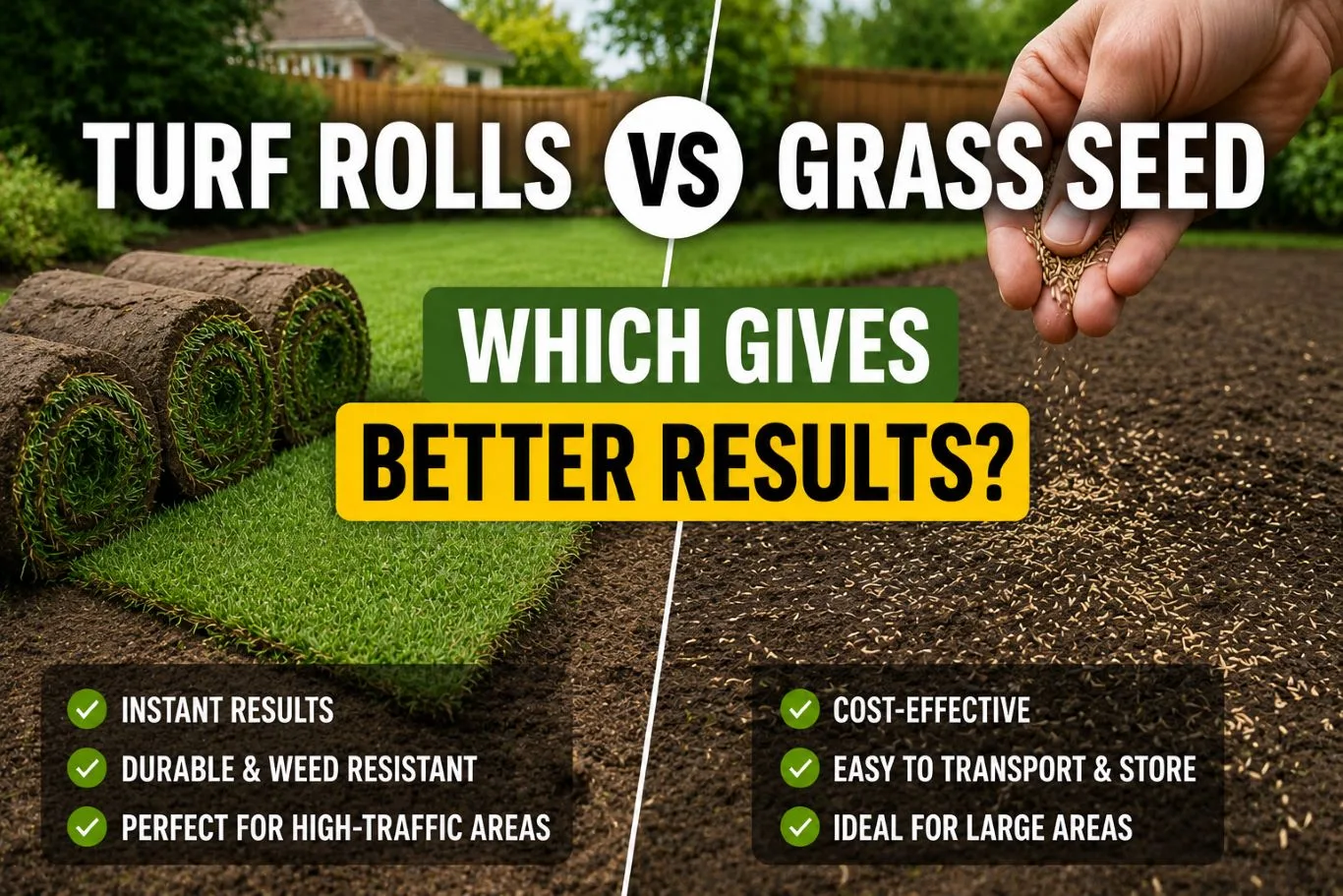 Turf rolls vs grass seed comparison showing rolled natural turf beside freshly spread grass seed on prepared soil, highlighting different lawn installation methods for residential garden landscaping
