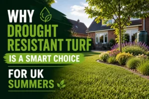 Lush drought resistant turf thriving in a well-maintained residential garden, showcasing a healthy green lawn with reduced water requirements and excellent resilience during warm UK summer conditions.