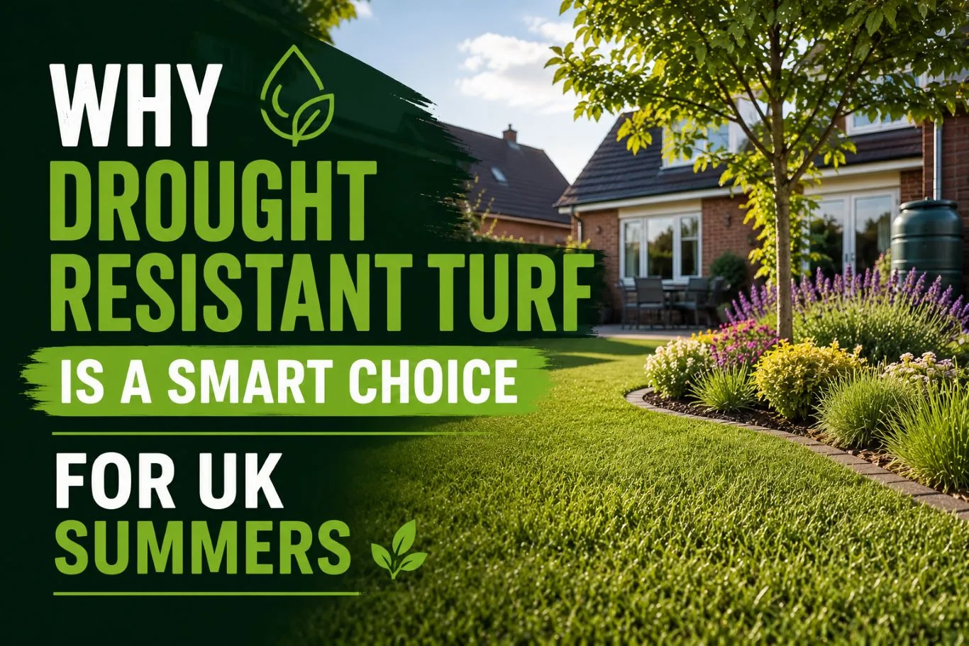 Lush drought resistant turf thriving in a well-maintained residential garden, showcasing a healthy green lawn with reduced water requirements and excellent resilience during warm UK summer conditions.
