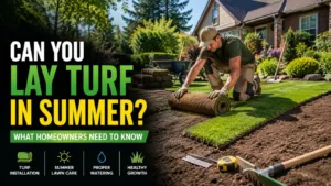 Professional landscaper installing fresh sod in a residential garden to lay turf in summer, demonstrating proper turf installation techniques for healthy lawn establishment and long-term growth.
