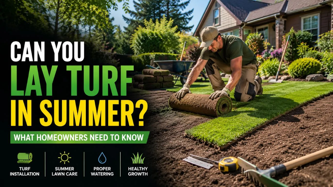 Professional landscaper installing fresh sod in a residential garden to lay turf in summer, demonstrating proper turf installation techniques for healthy lawn establishment and long-term growth.